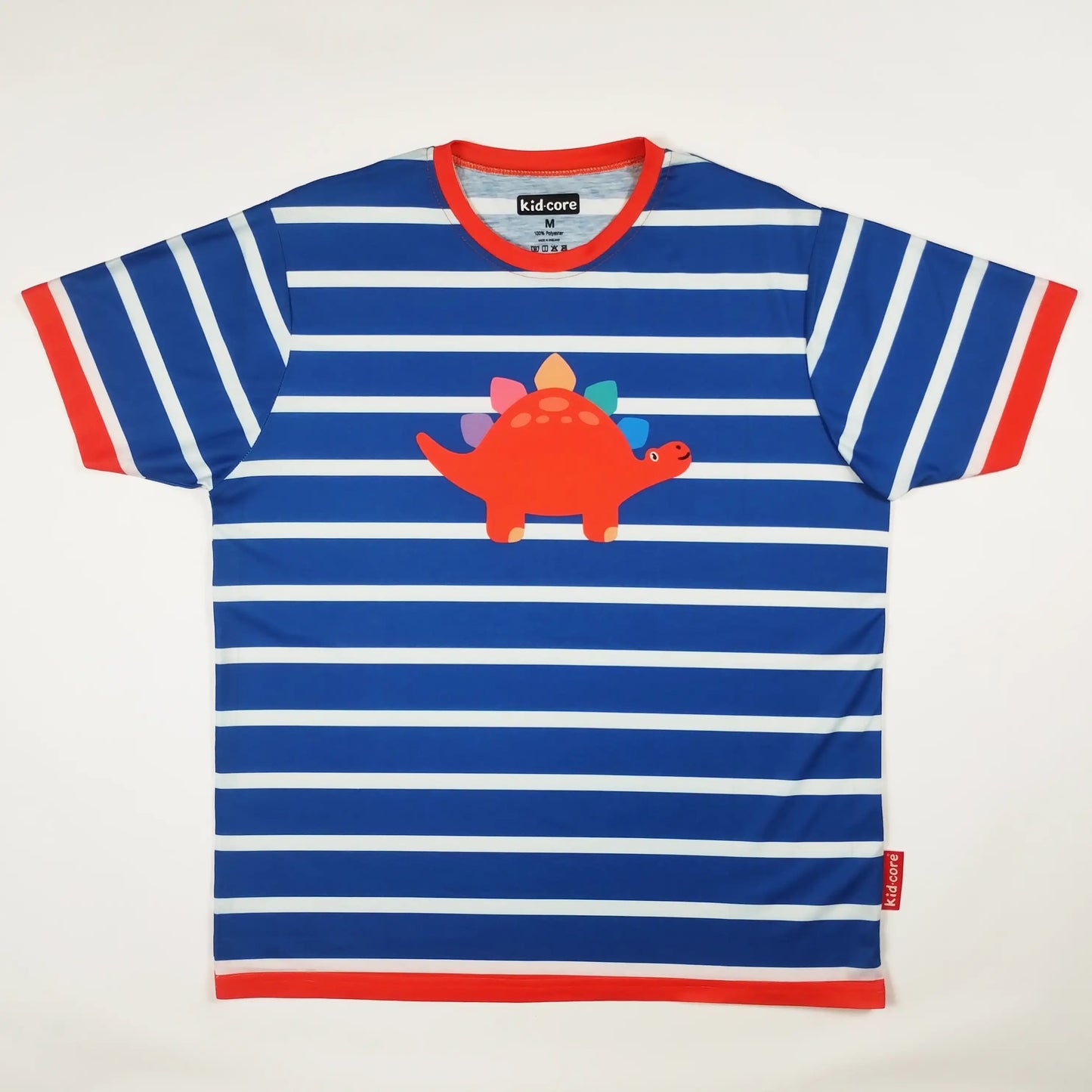 Blue and white striped kidcore t-shirt with a red dinosaur graphic on a white background as a kidcore aesthetic