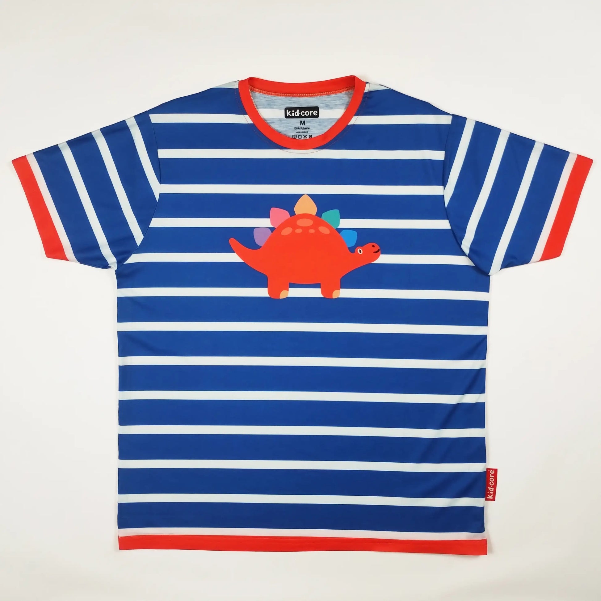 Blue and white striped kidcore t-shirt with a red dinosaur graphic on a white background as a kidcore aesthetic