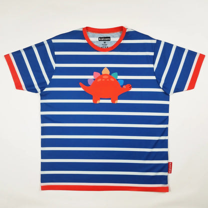 Blue and white striped kidcore t-shirt with a red dinosaur graphic on a white background as a kidcore aesthetic