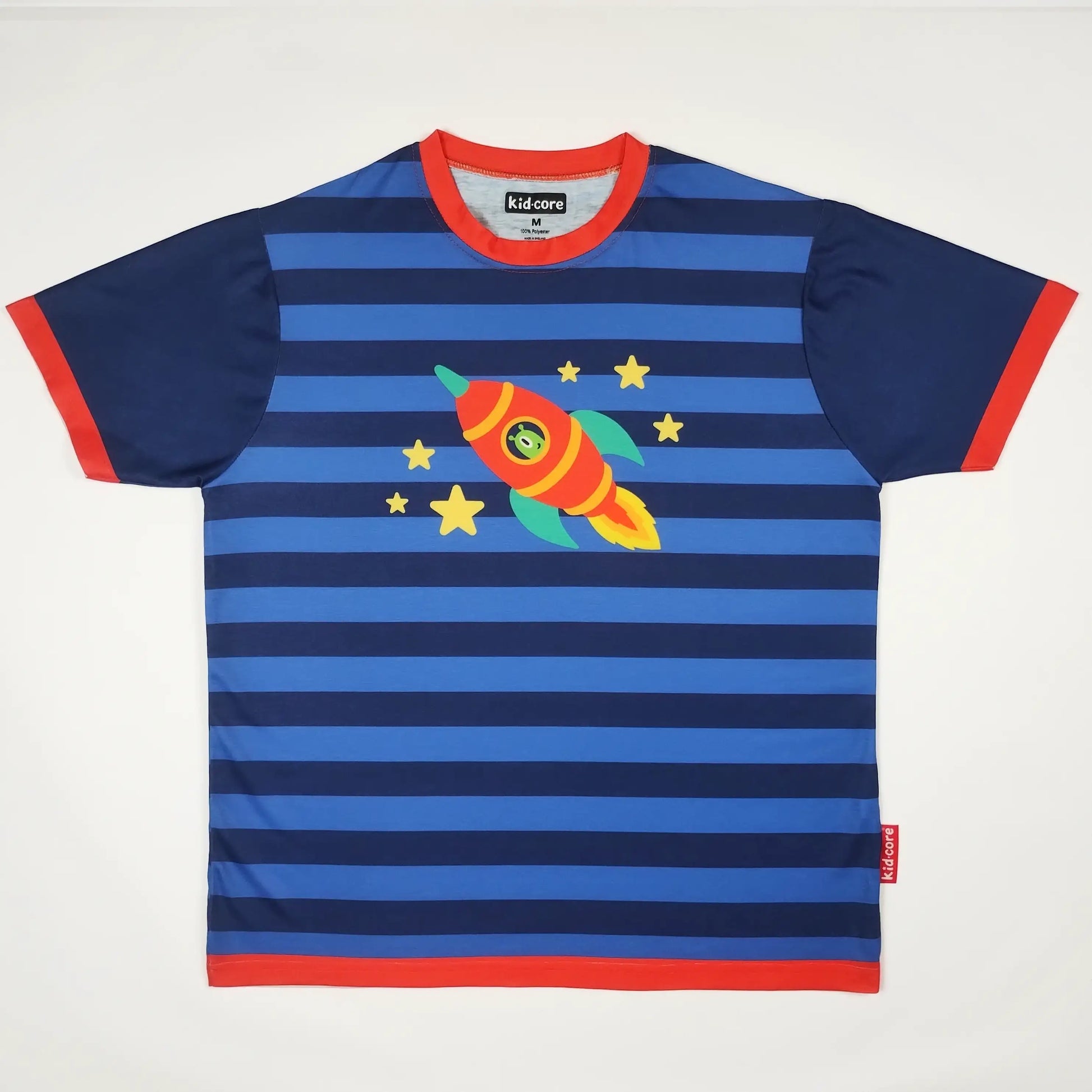 Blue and navy blue striped kidcore t-shirt with red ringer and a colorful rocket design on a white background as a kidcore aesthetic